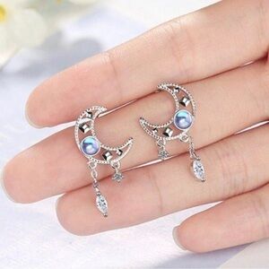 925 Sterling Silver Crescent Moon with Moonstone And Diamond Accents Earrings